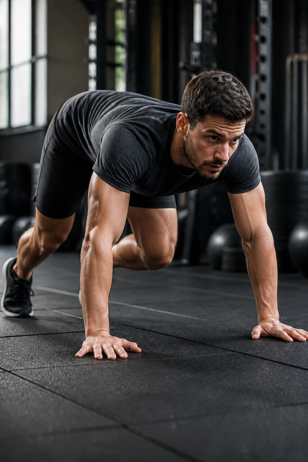 Medium close-up of a person bear crawling in a gym on mats