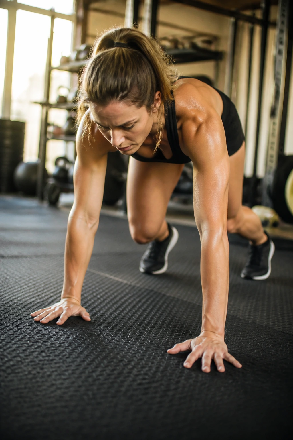 Close-up of a person performing a bear crawl on a gym mat, highlighting shoulder and core engagement