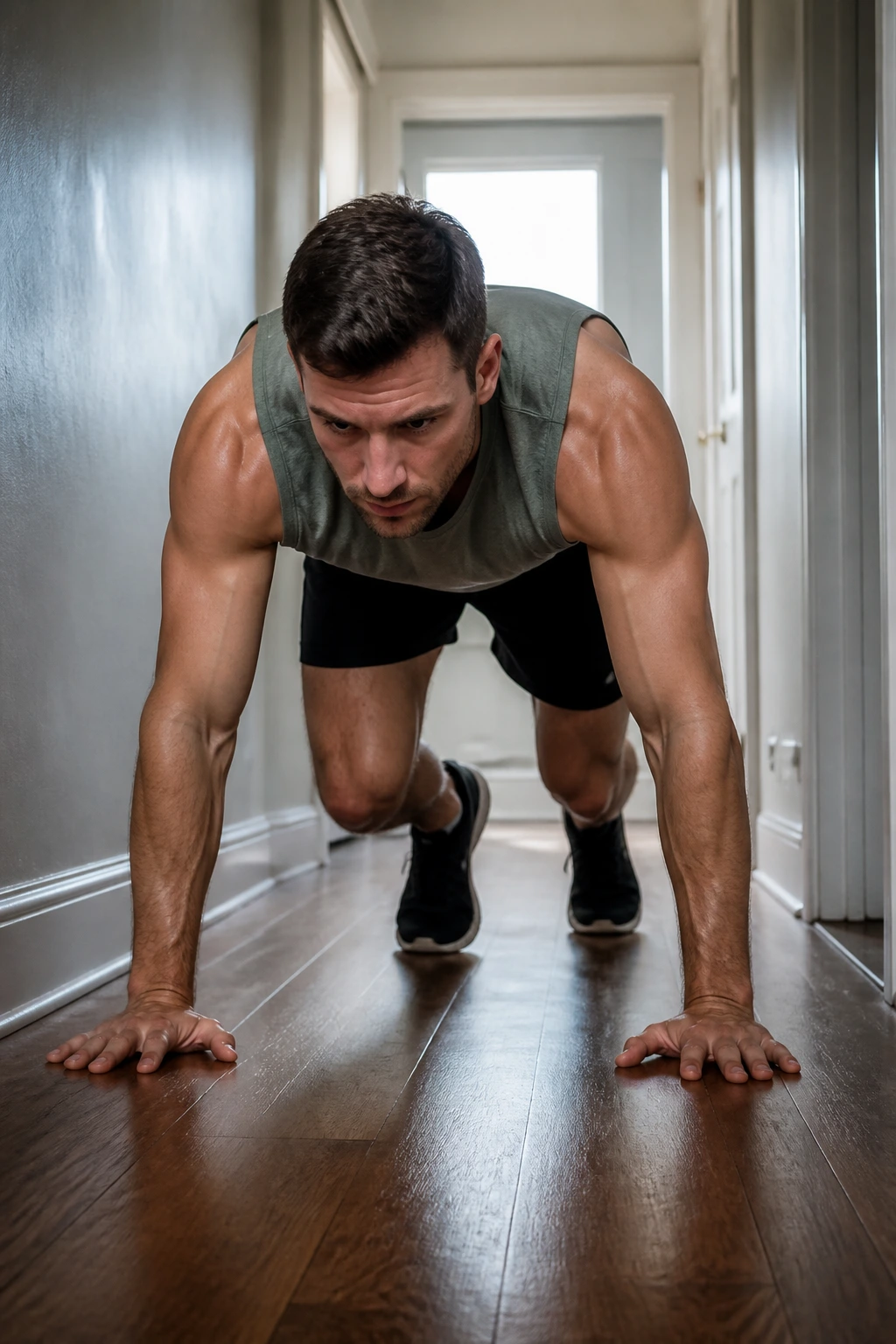 Person in bear crawl position performing in a hallway at home