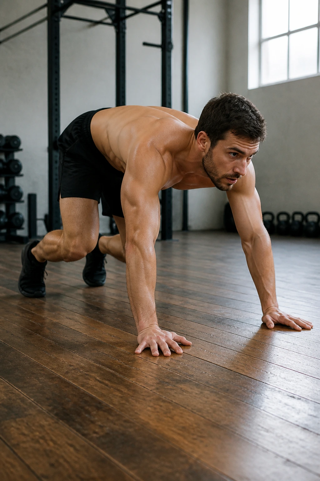 Bear crawl hip-focused movement with flat back and level hips
