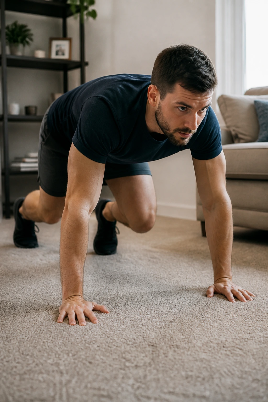 Person performing bear crawl on carpet in living room