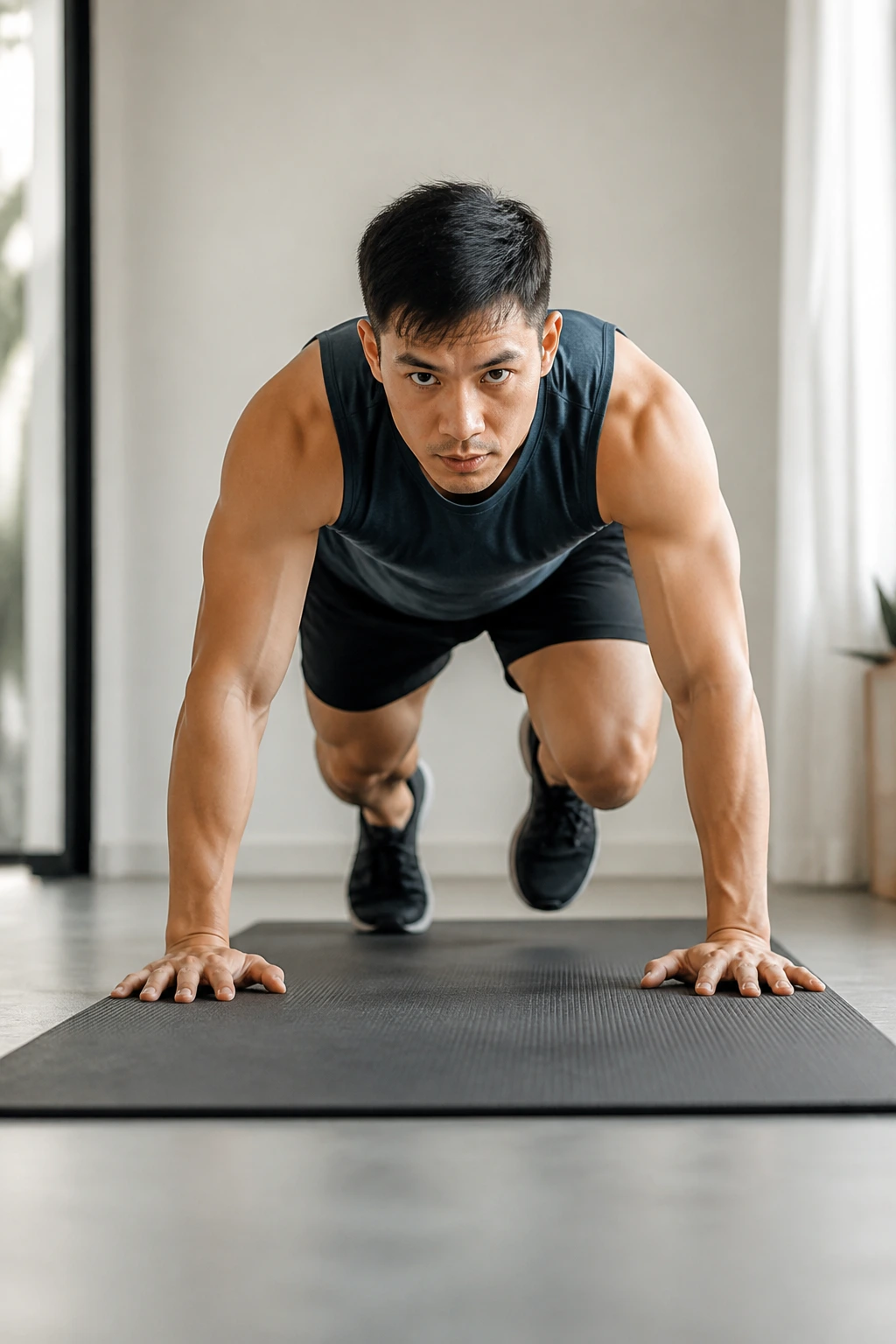 Person in bear hover and crawl drill on a gym mat at home