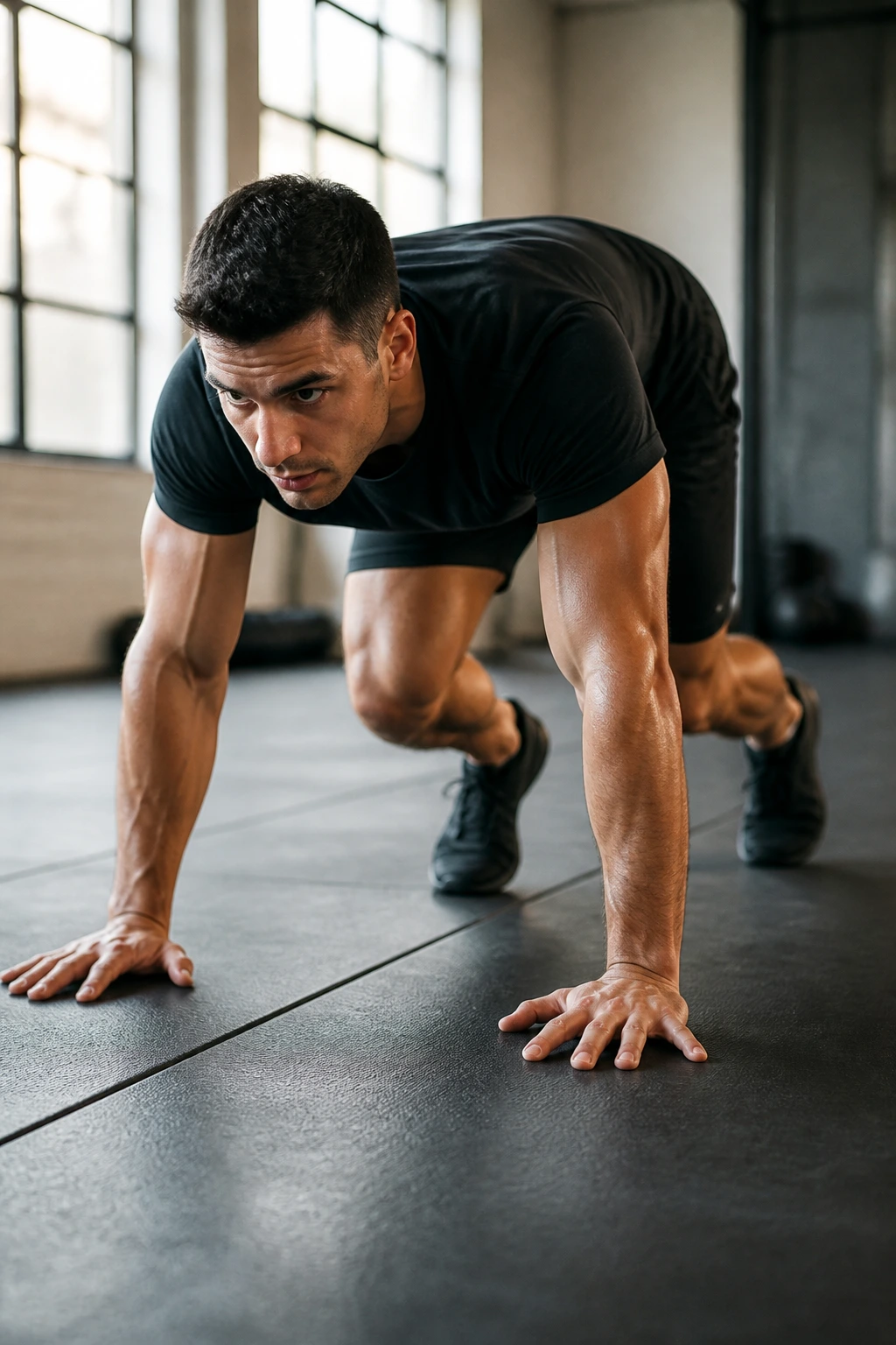 Real athlete performing forward bear crawl intervals on a padded gym mat