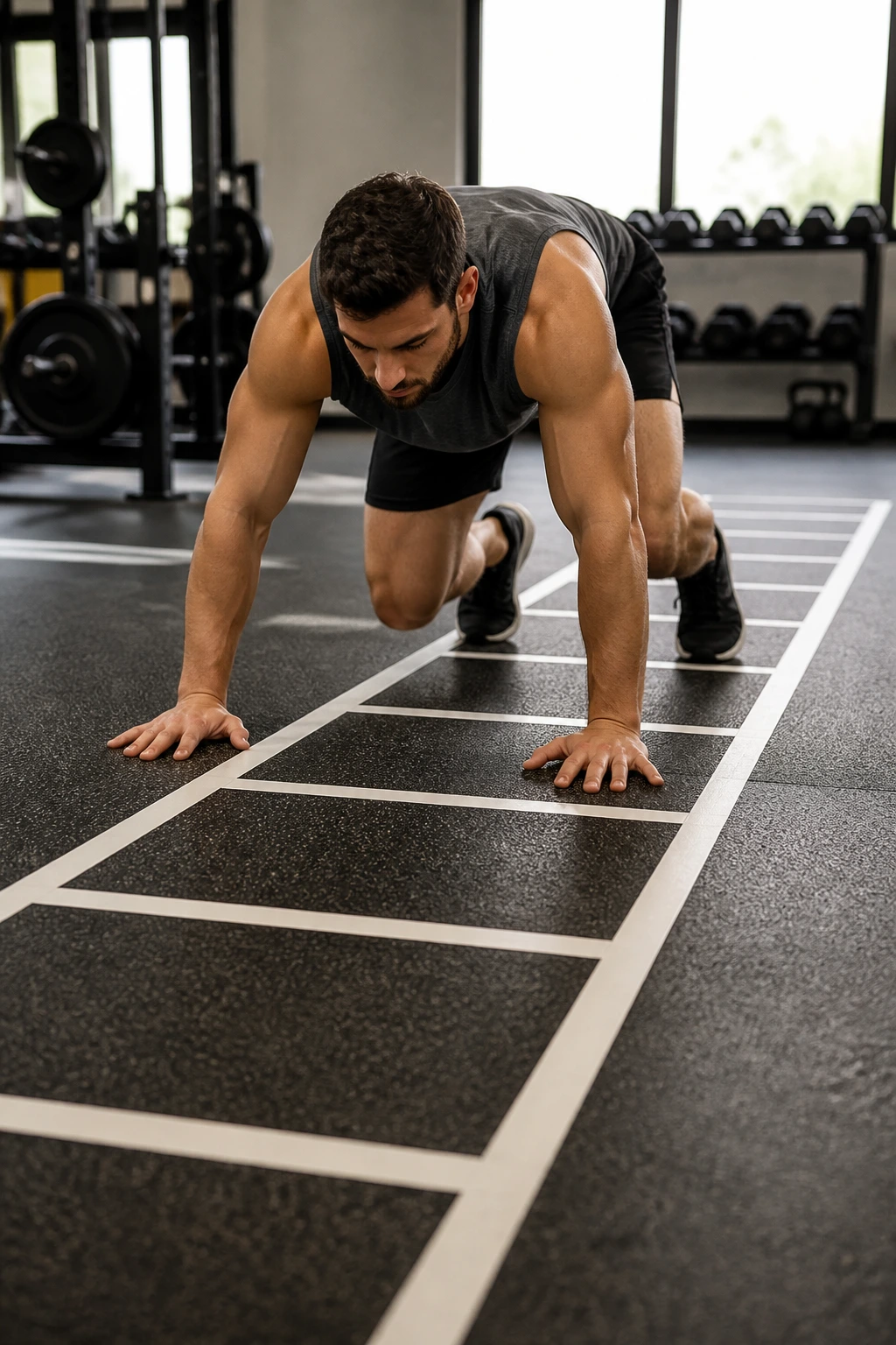 Real athlete performing bear crawl ladder on gym floor