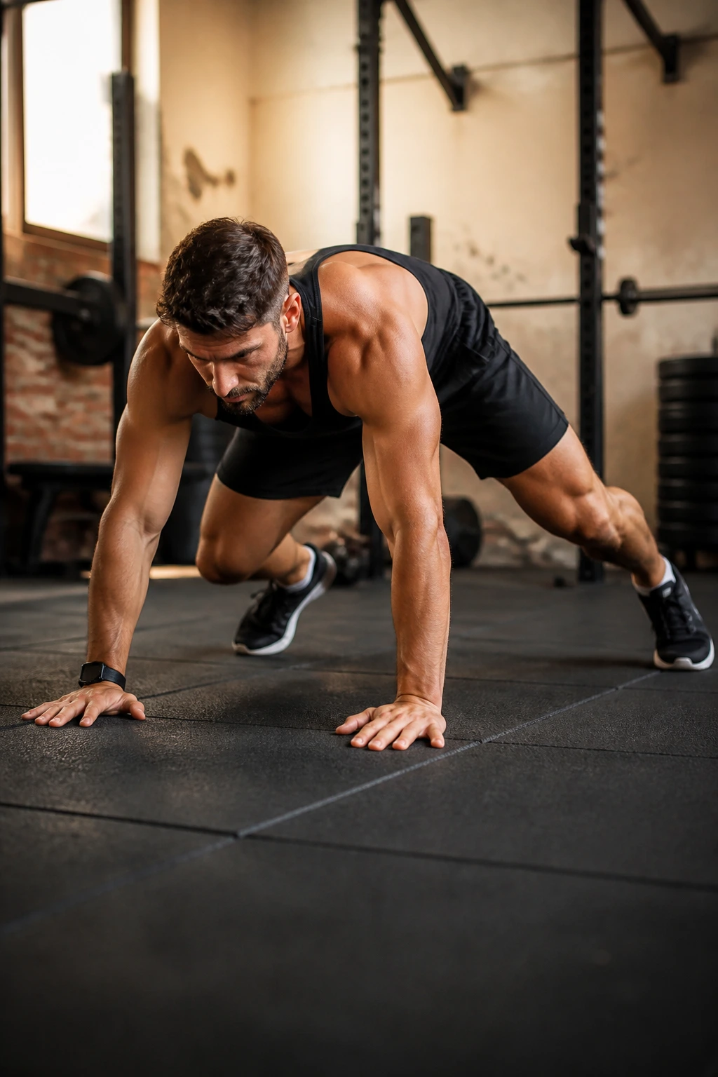 Real athlete performing lateral bear crawl passes on a mat