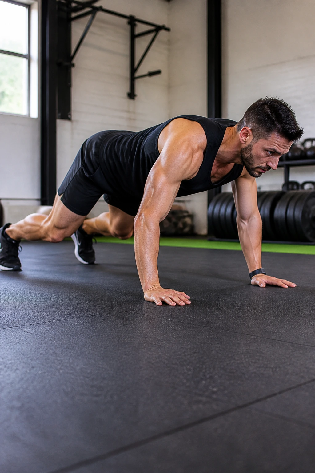 Real person mid-transition from bear crawl to plank in a gym