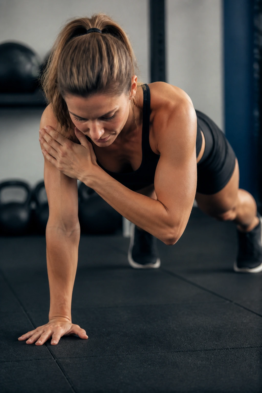 Medium close-up of a person in bear crawl position performing a shoulder tap
