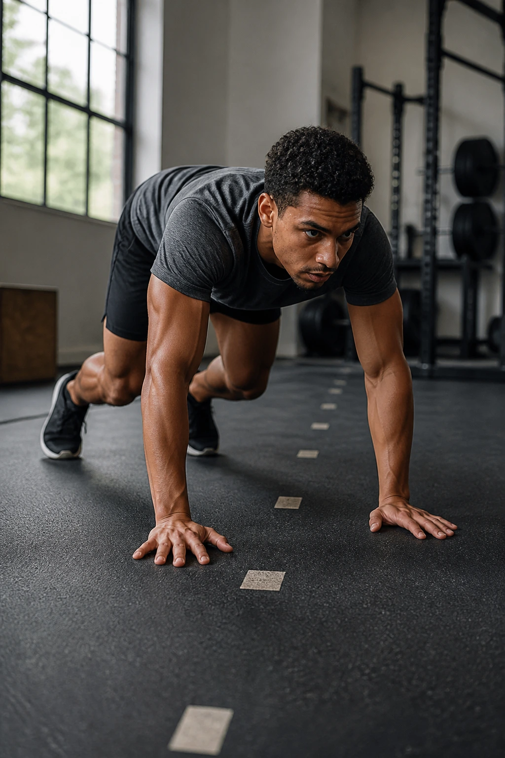 Real athlete performing bear crawl on gym floor with knees hovering