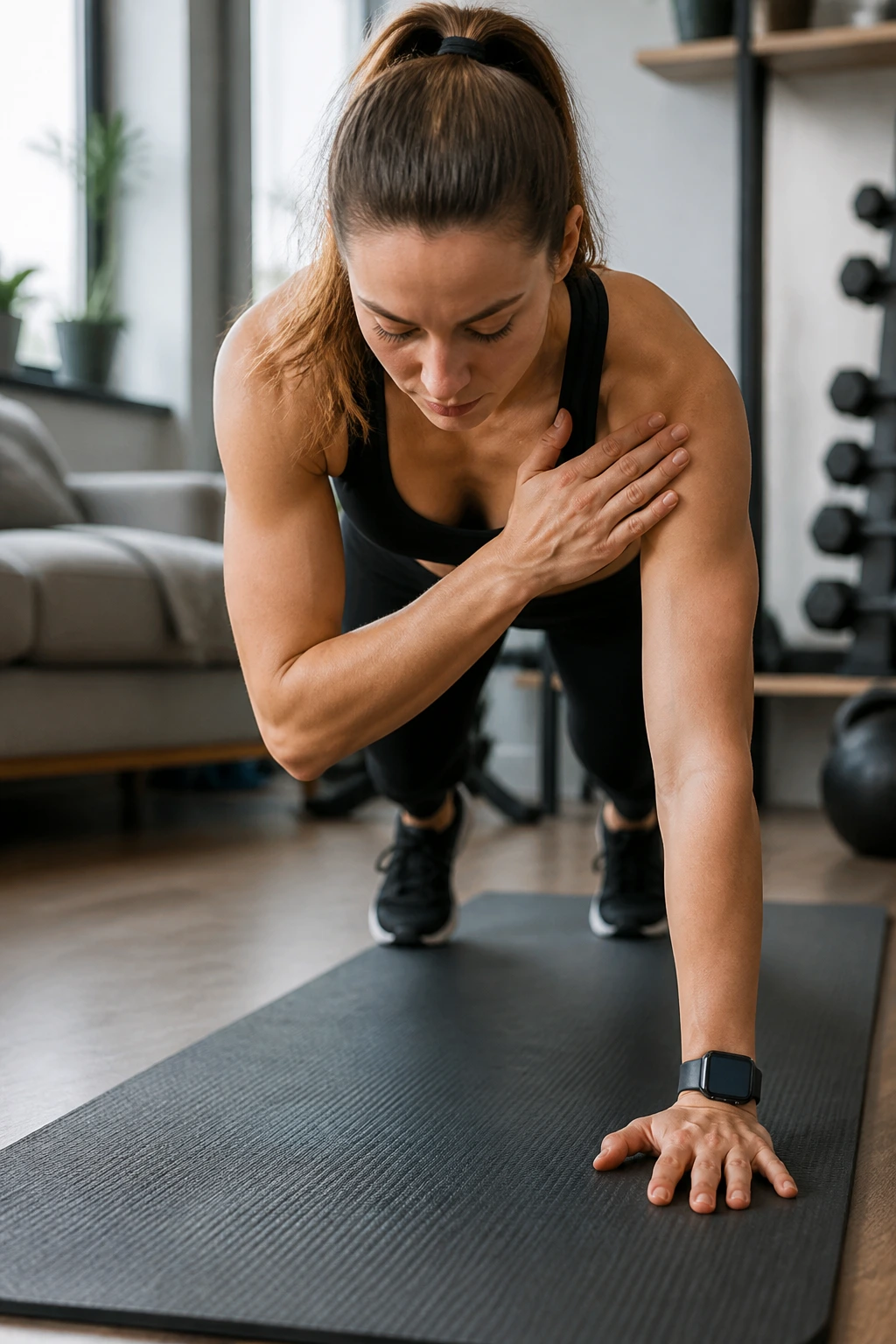 Close-up of a person performing bear crawl shoulder taps on a mat for shoulder stability.