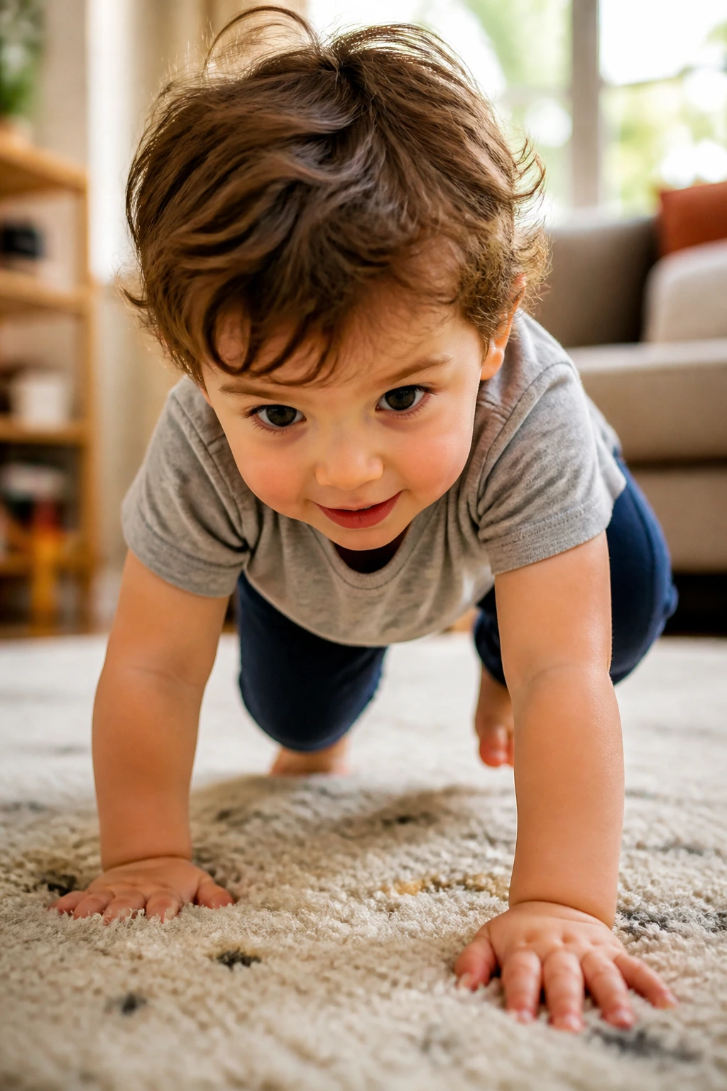 Toddler bear crawling on carpet during playtime.