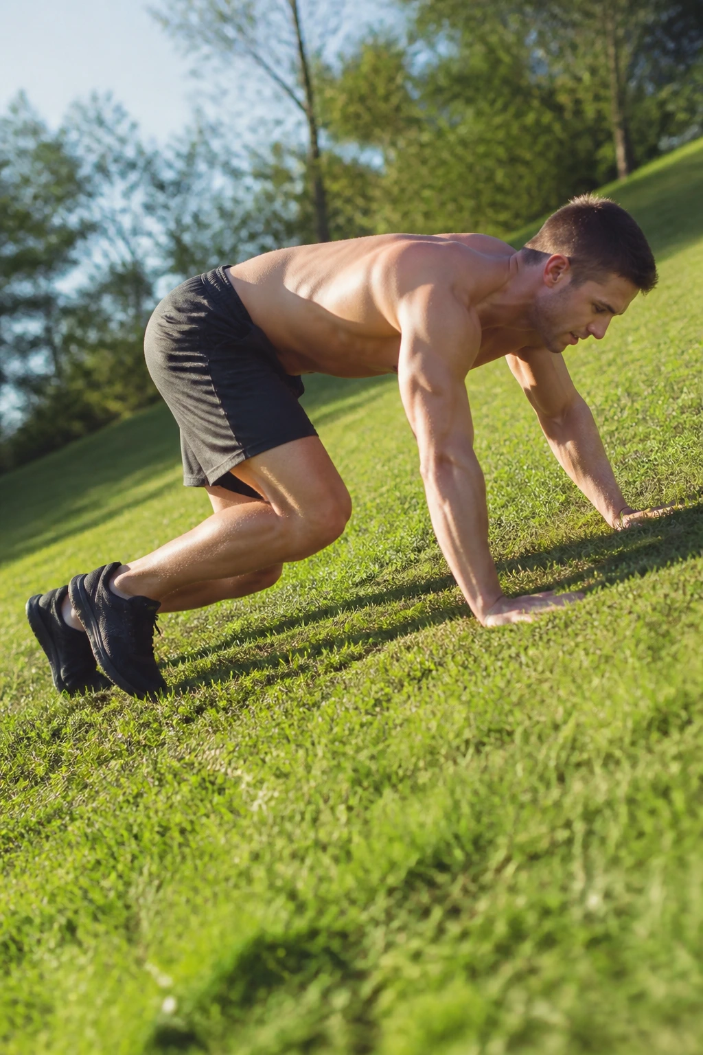 Uphill bear crawl on grassy incline showing shoulder and core engagement