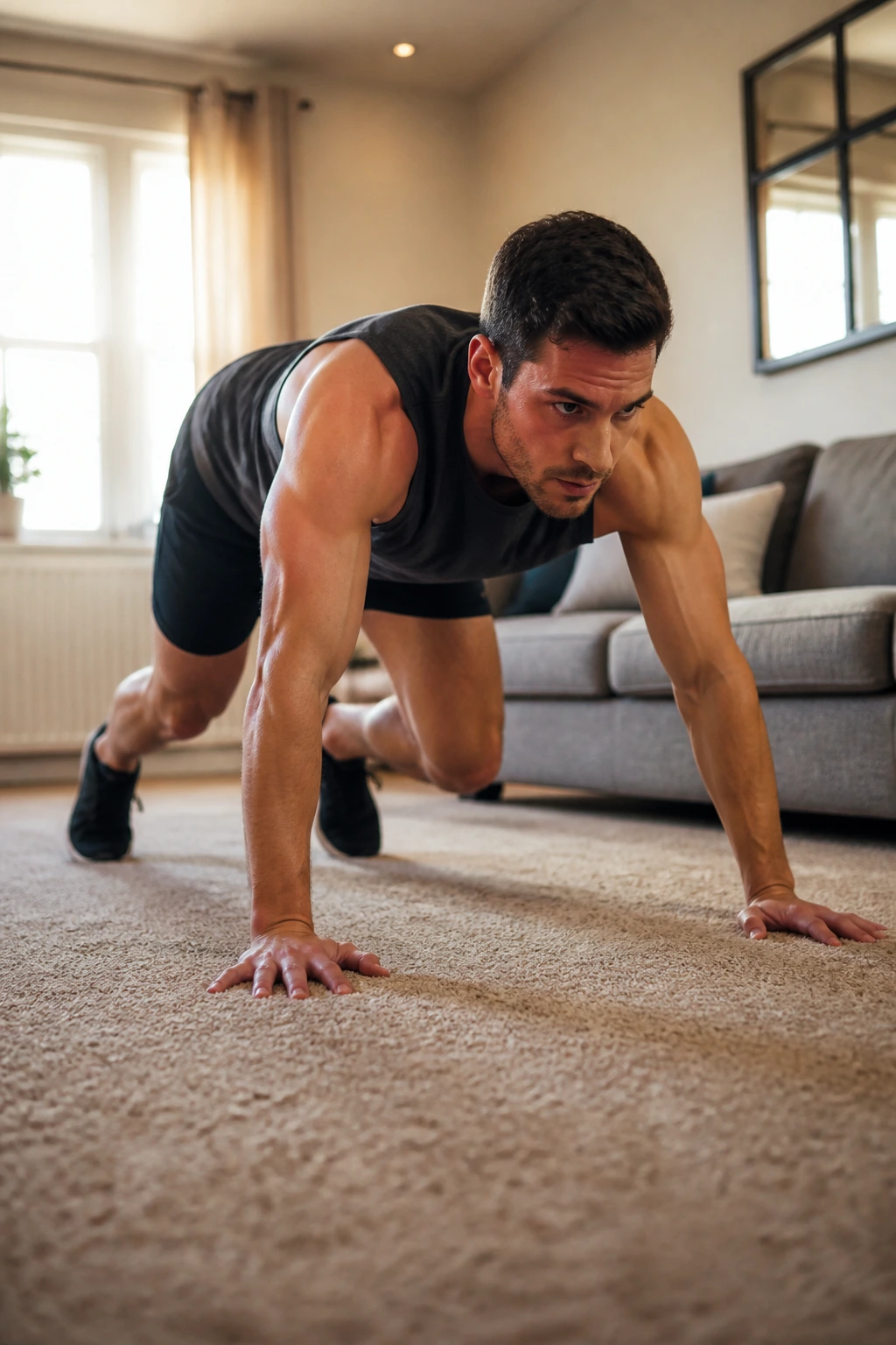 Person bear crawling on a carpet indoors with a flat back.