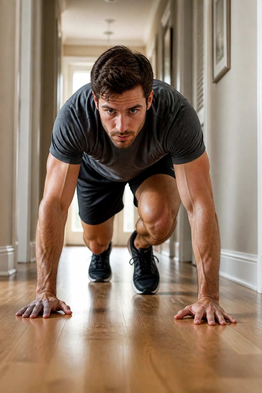 Bear crawl in a hallway with a real person staying low and controlled