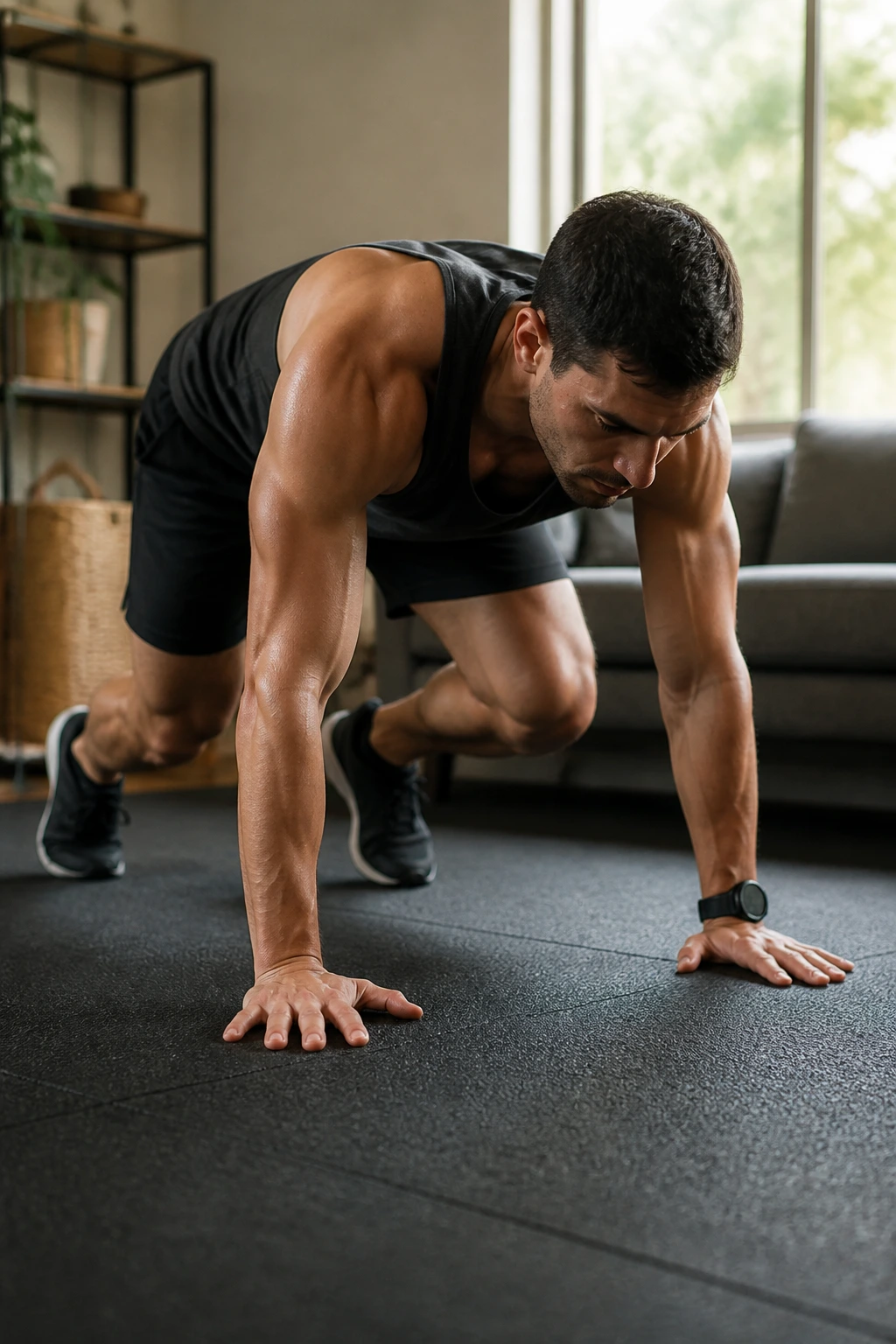 Close-up of a person in bear crawl form on a home gym mat, core engaged and hips level