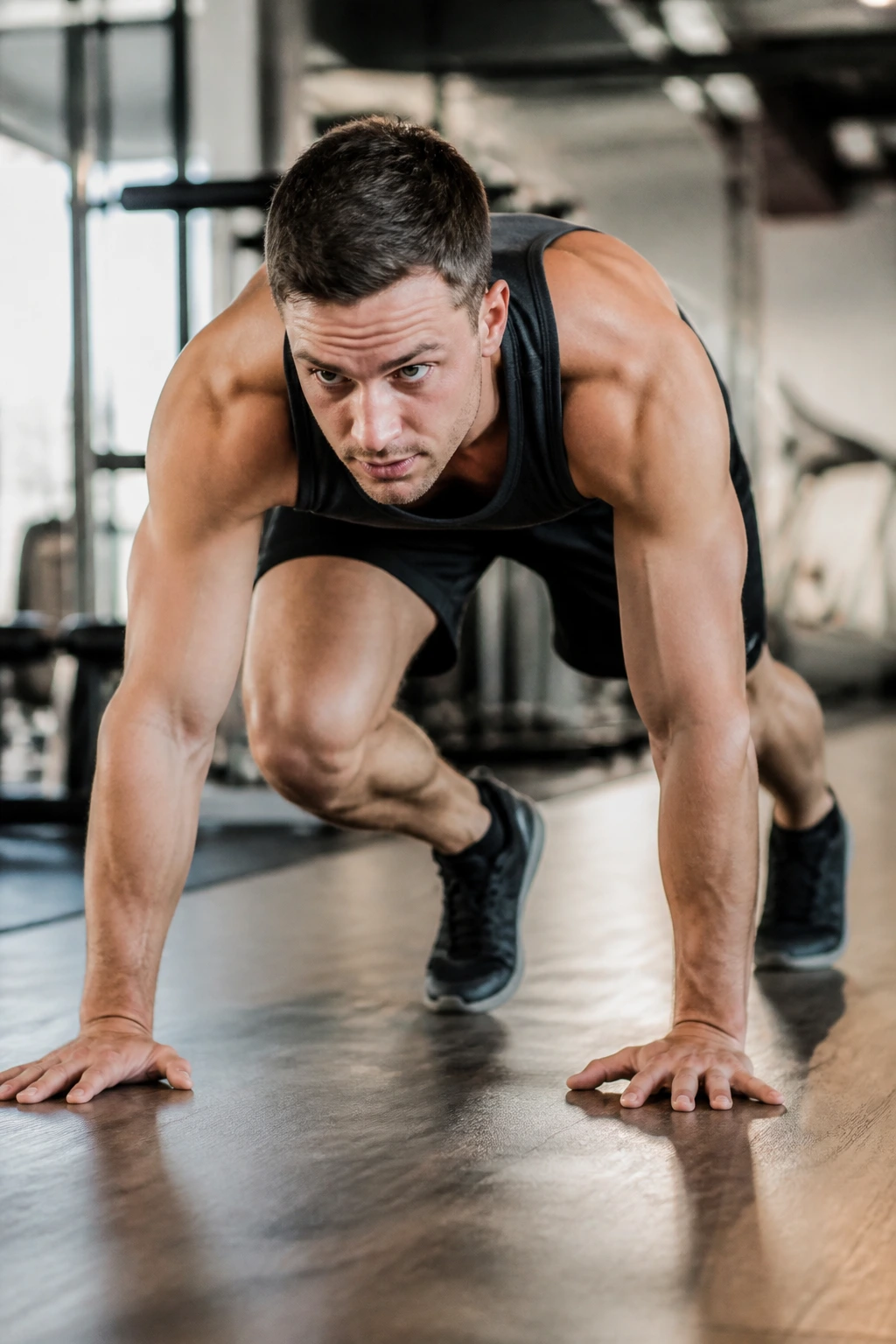 Side view of a person bear crawling with knees off the floor on a gym floor