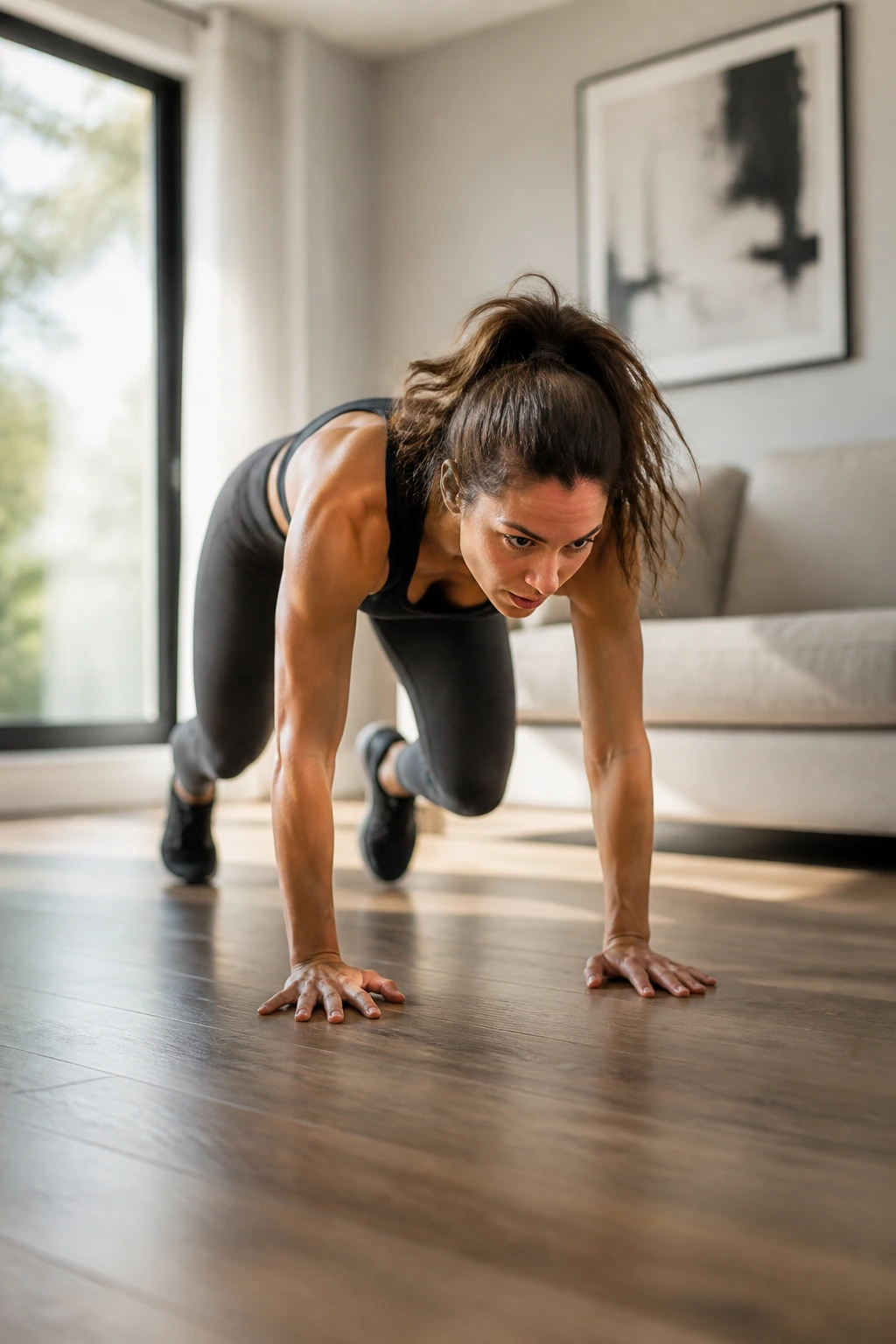 Person performing bear crawls across a living room floor