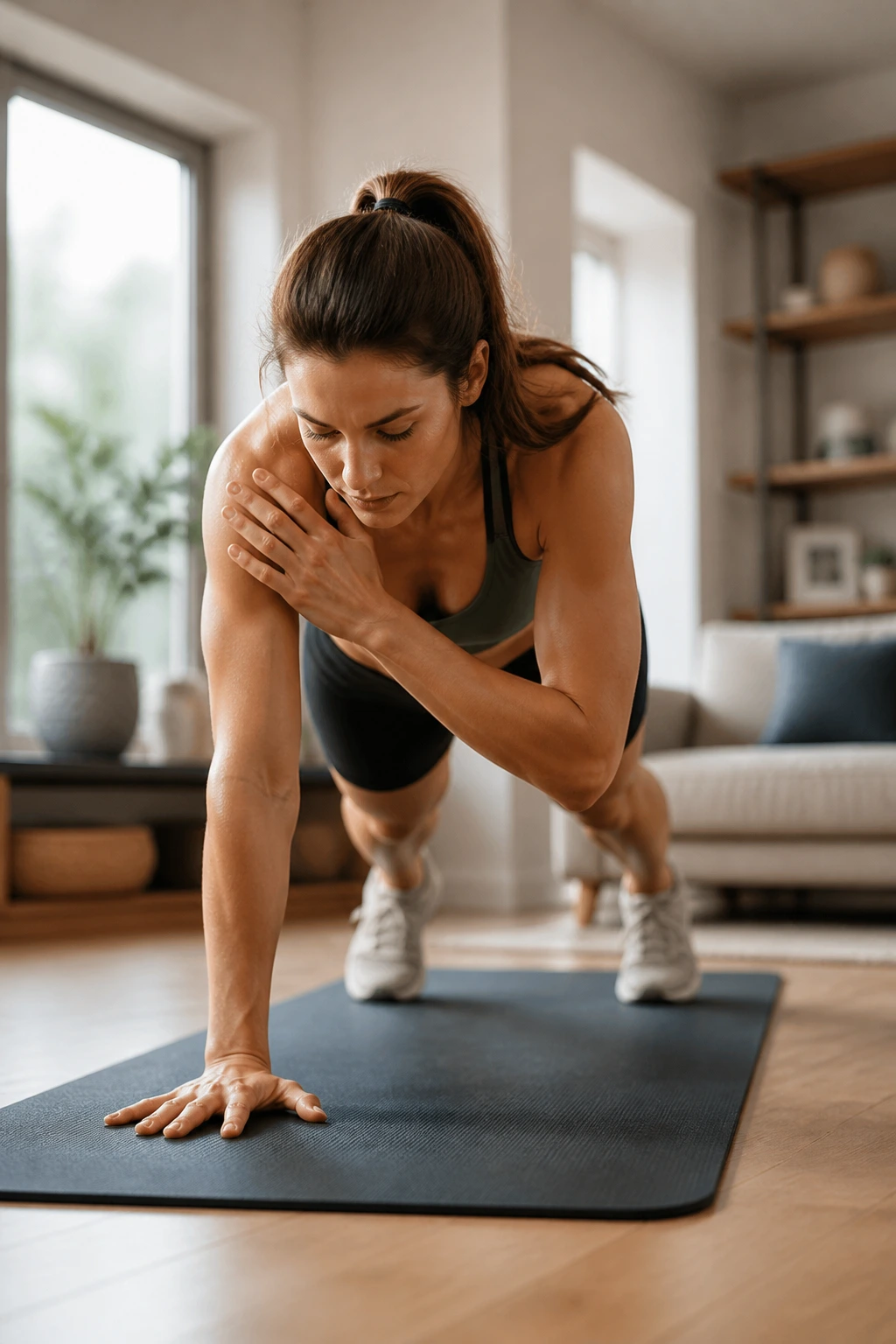 Person performing bear hover shoulder taps on a mat at home