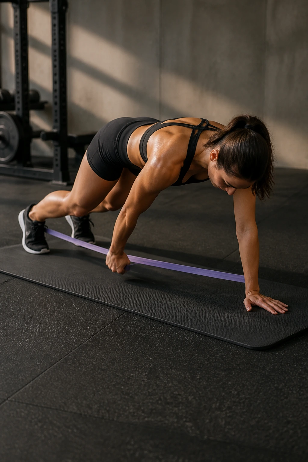 Bear plank with band drag showing braced core and level hips