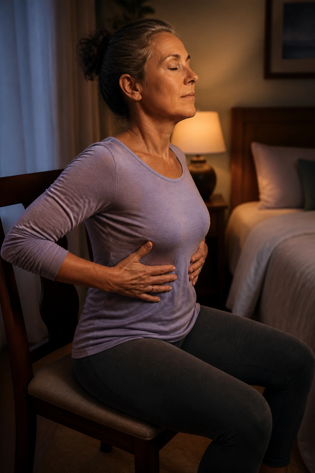 Person in a chair practicing slow breathing and gentle twists in a dim bedroom