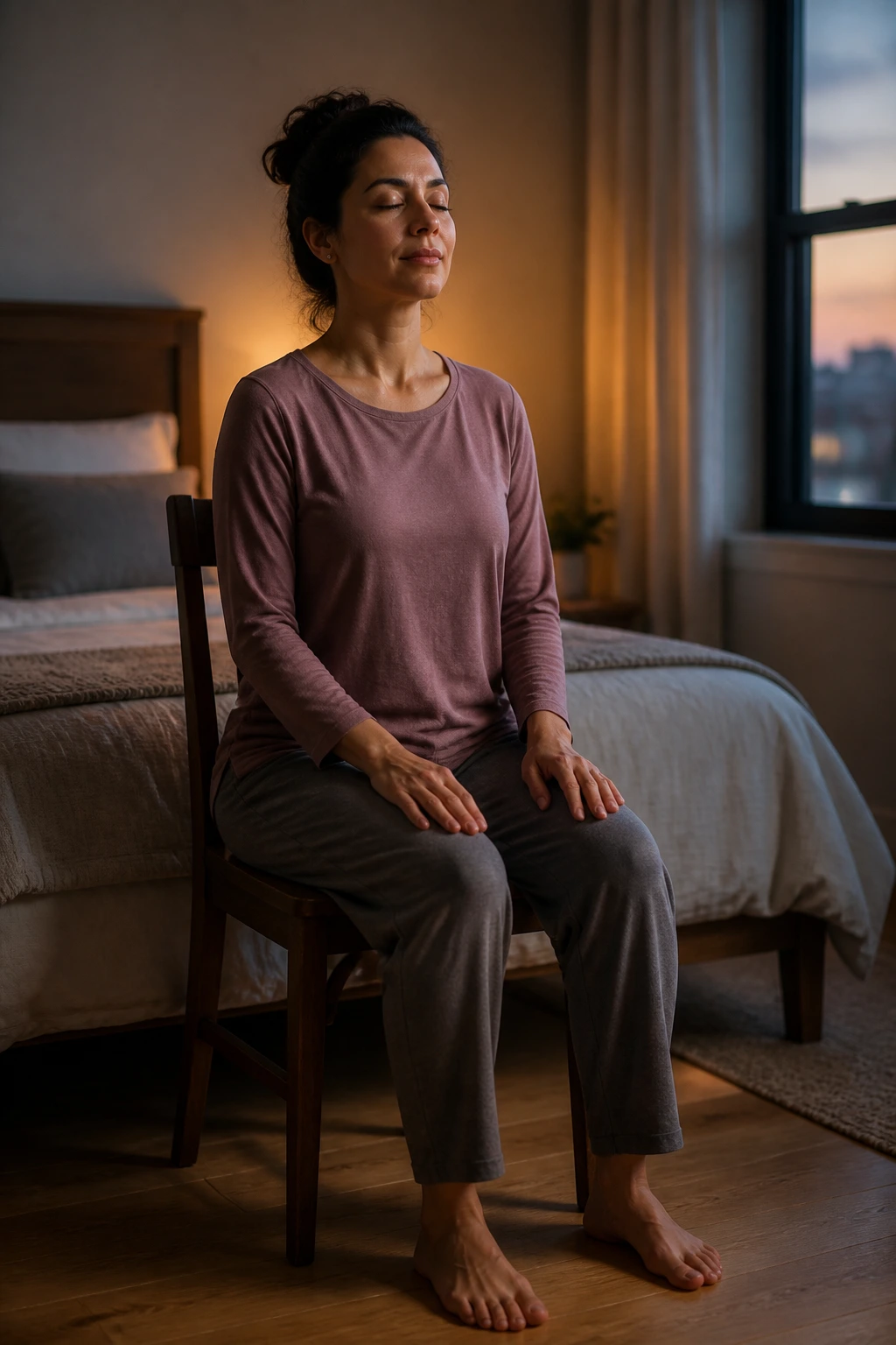 Medium close-up of a person seated in a chair in a dim bedroom with eyes closed for bedtime relaxation
