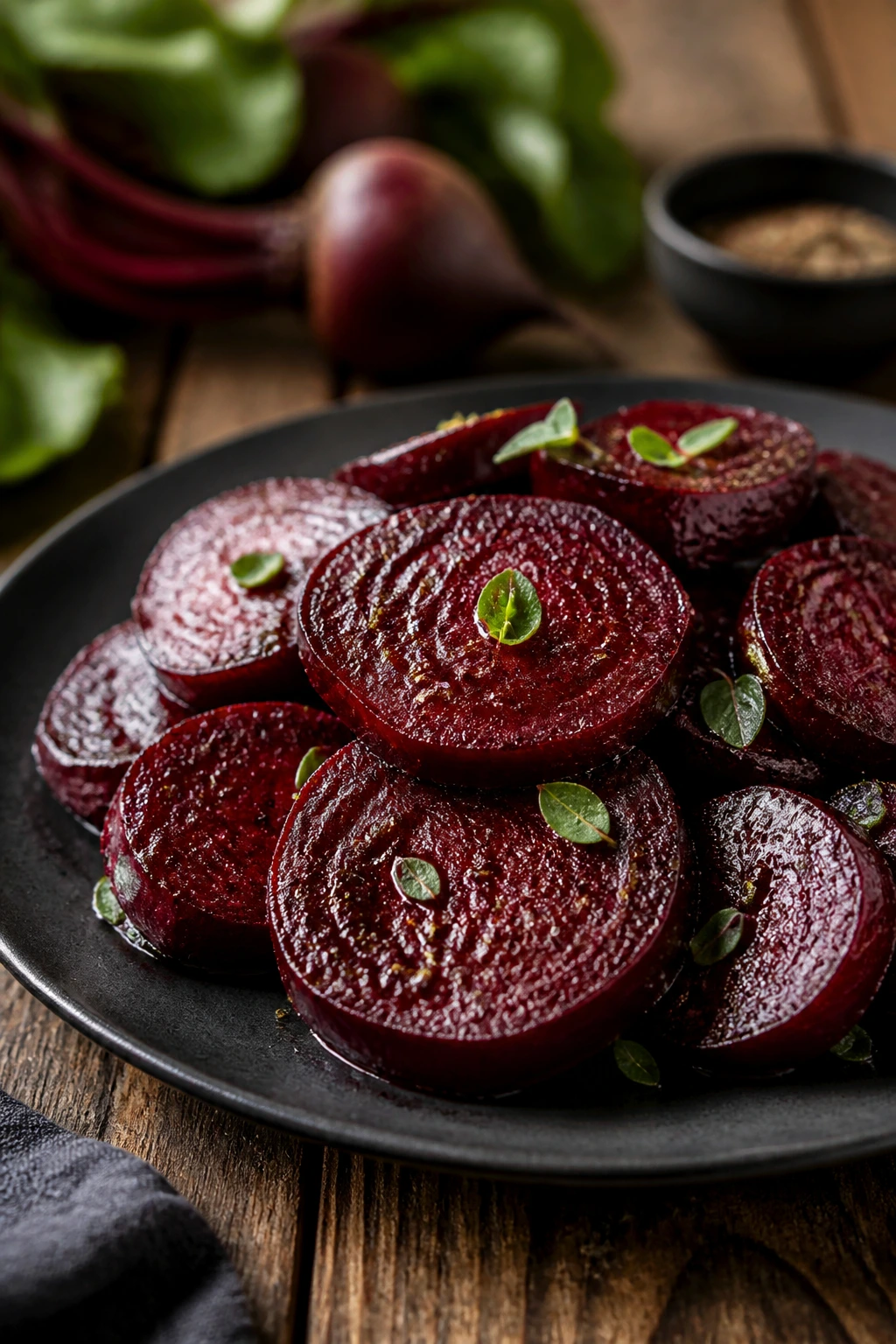 Close-up of roasted beet slices on a dark plate in a cozy kitchen