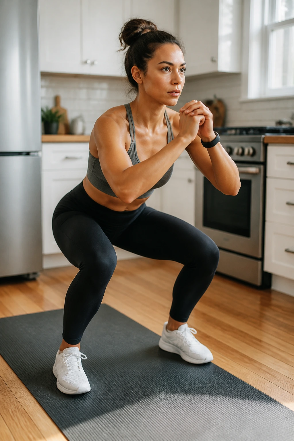 Real person performing a quick morning workout in a bright kitchen