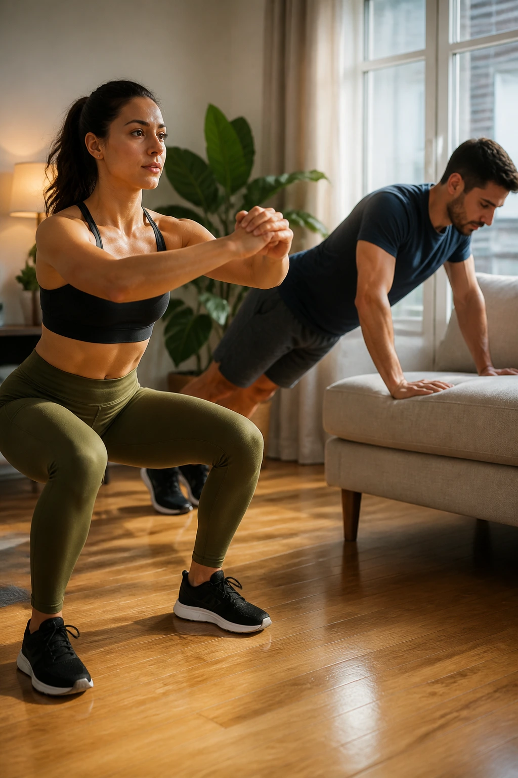 Beginner-friendly bodyweight circuit in living room showing air squats and incline push-ups