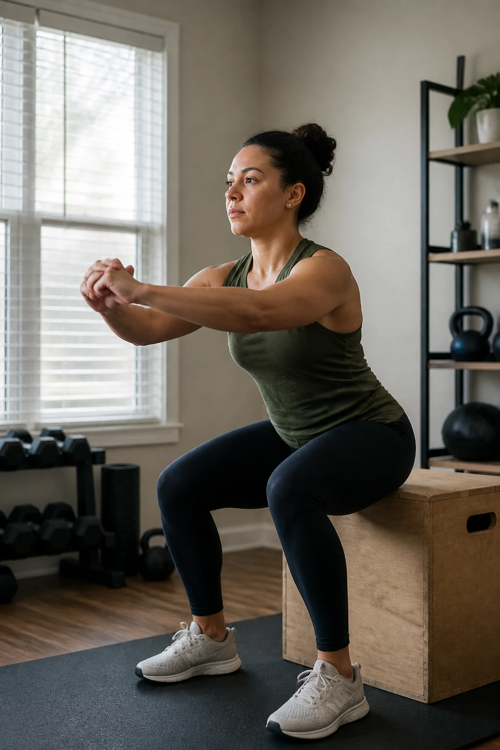 Close-up of a beginner performing box squats in a home gym