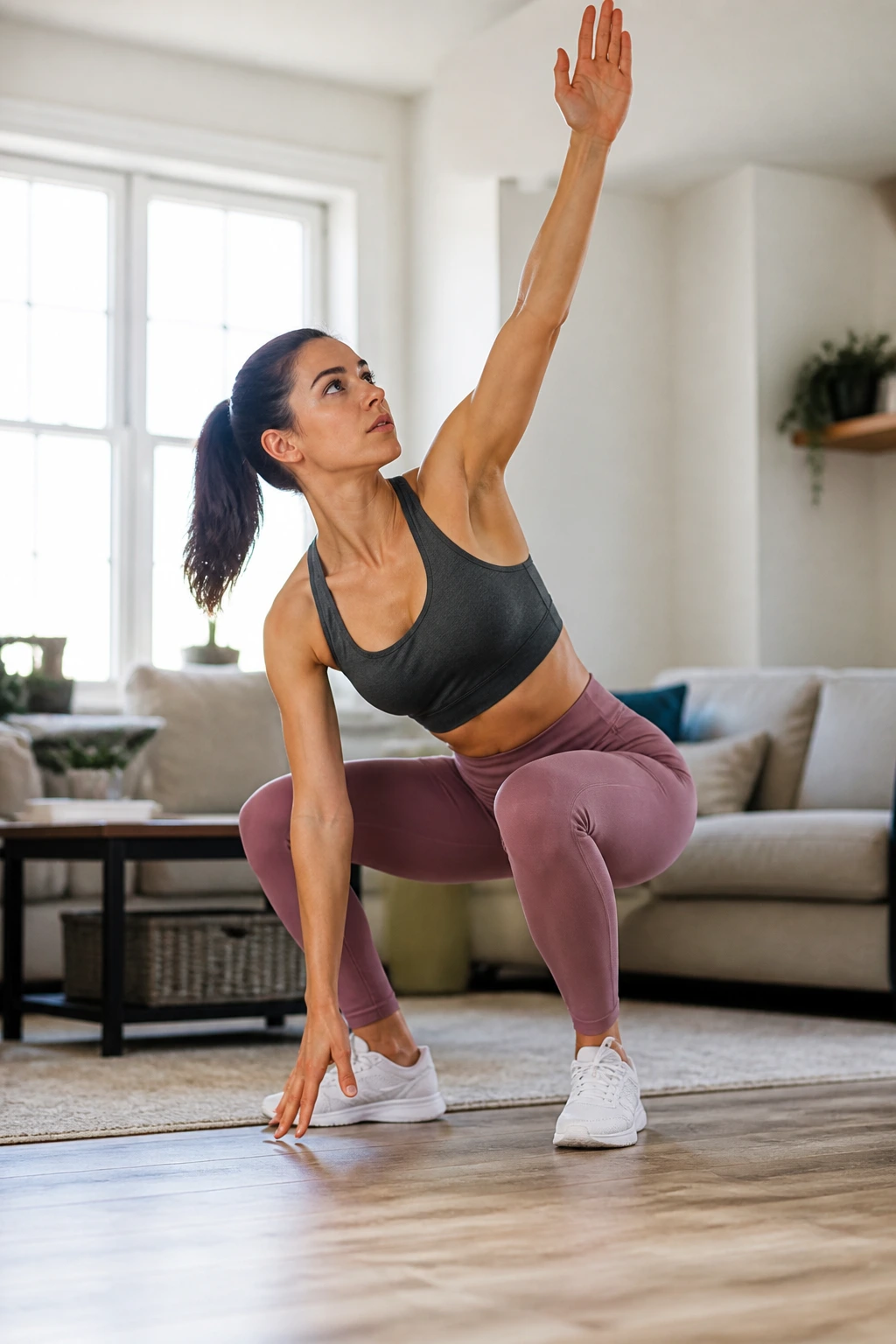 Medium close-up of person performing a squat-to-reach in a bright living room
