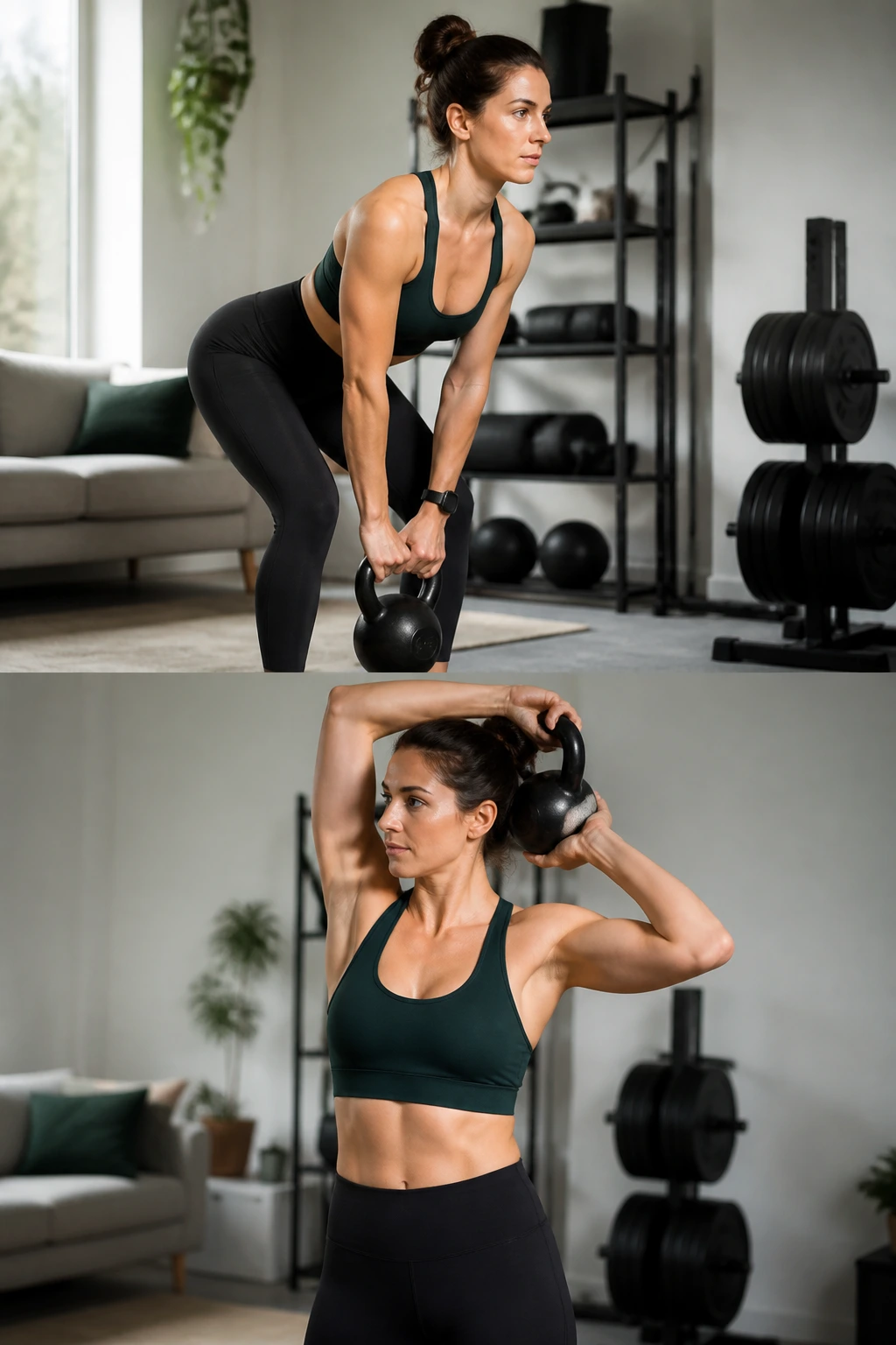 Person performing hinge and halo with kettlebell in a living room gym