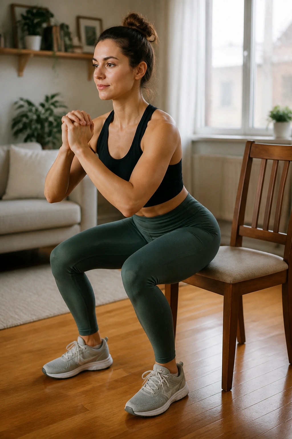 Medium close-up of a woman doing chair squat at home in a cozy living room