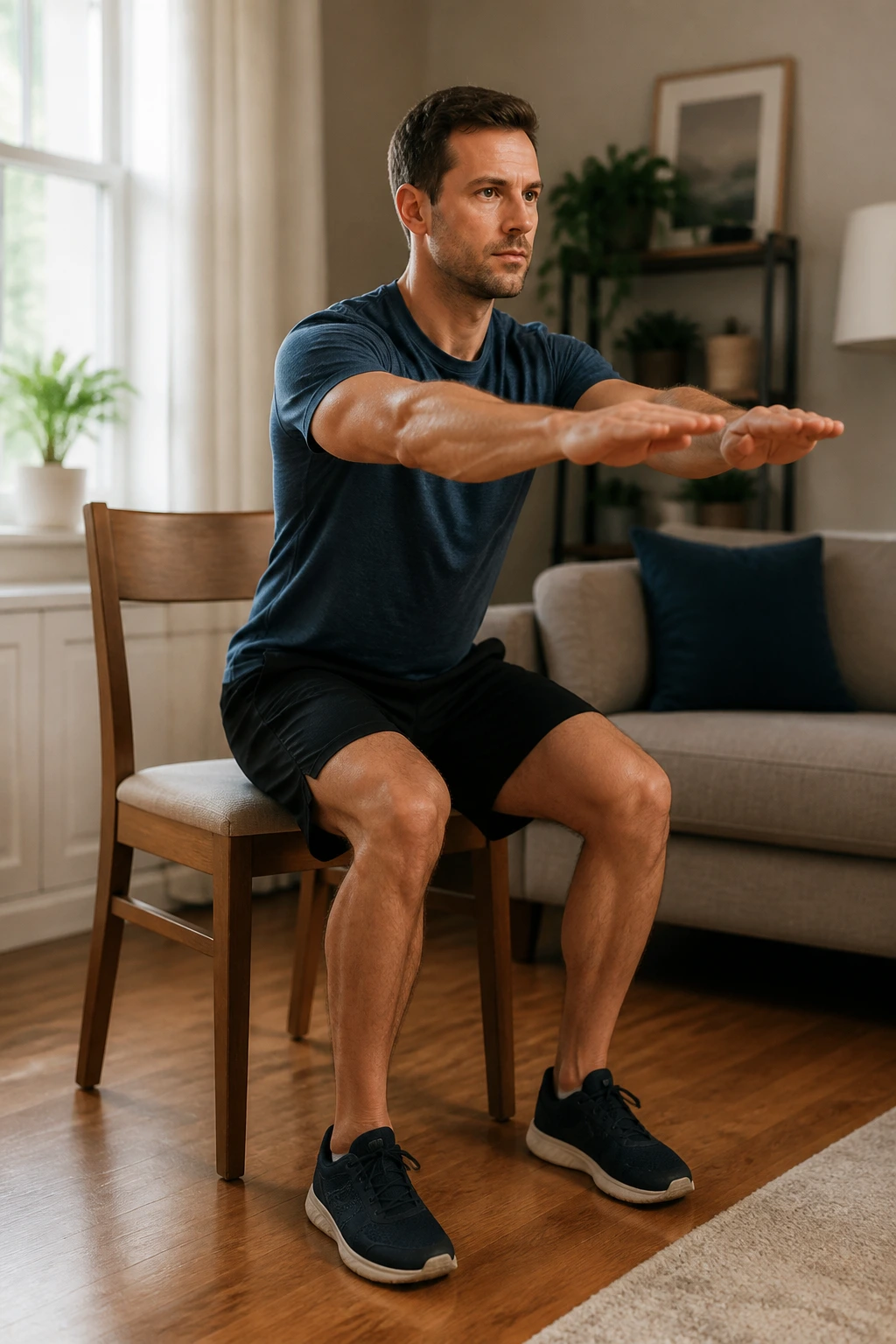 Mid-shot of a person standing up from a chair in a cozy living room