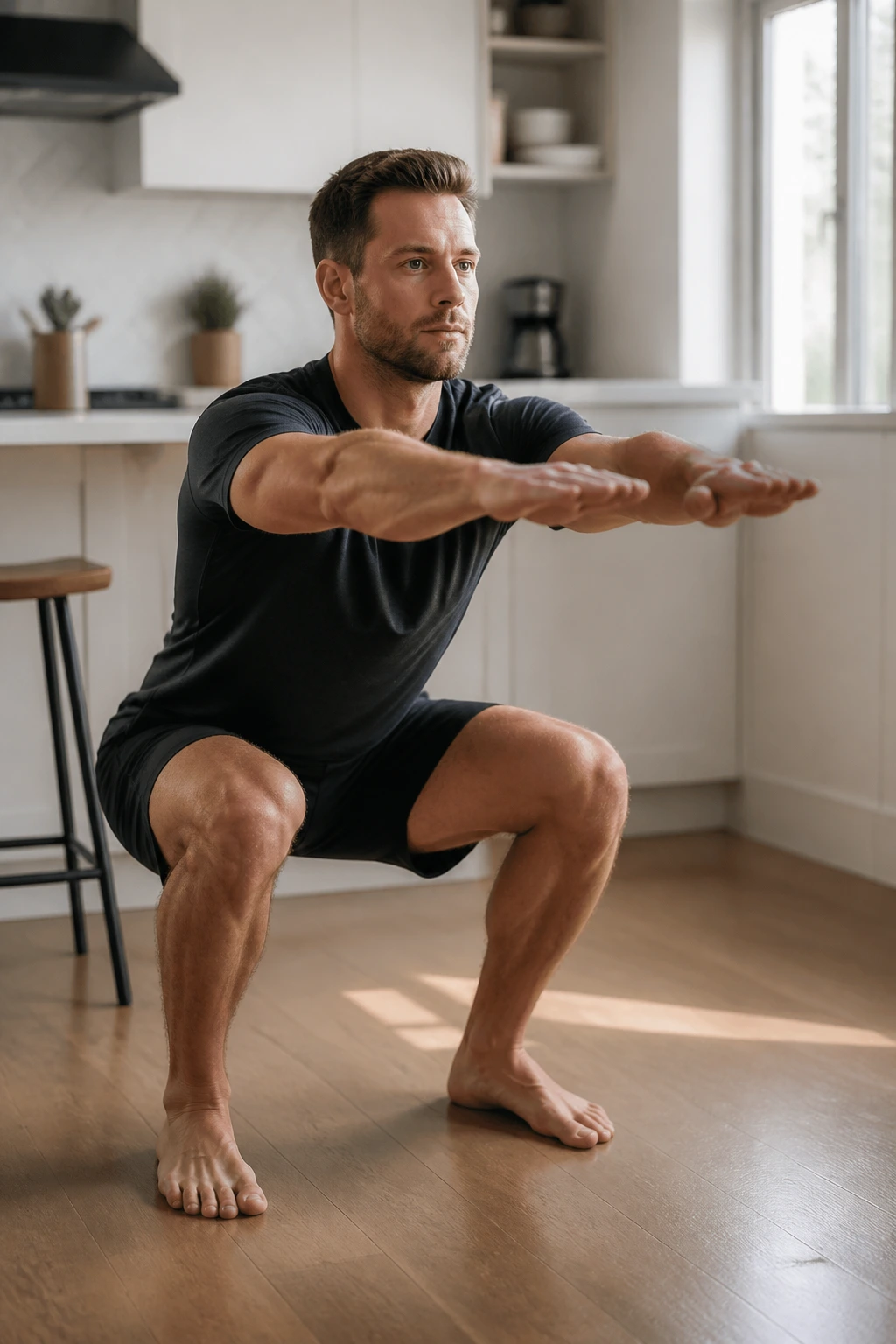 Person doing quick beginner restart squats in a home kitchen