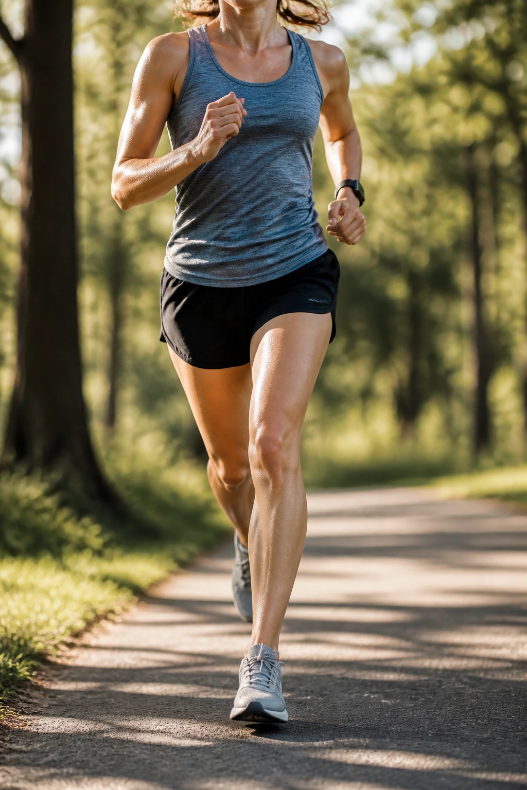 Close-up of a real runner mid-stride on a sunlit park trail
