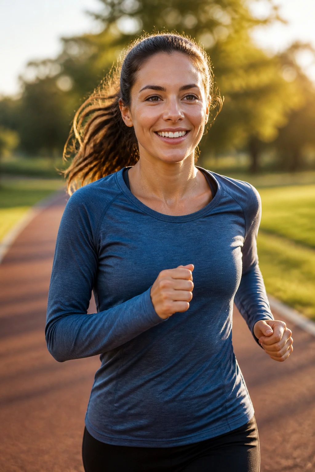 Medium close-up of a real person jogging on a quiet track during morning light