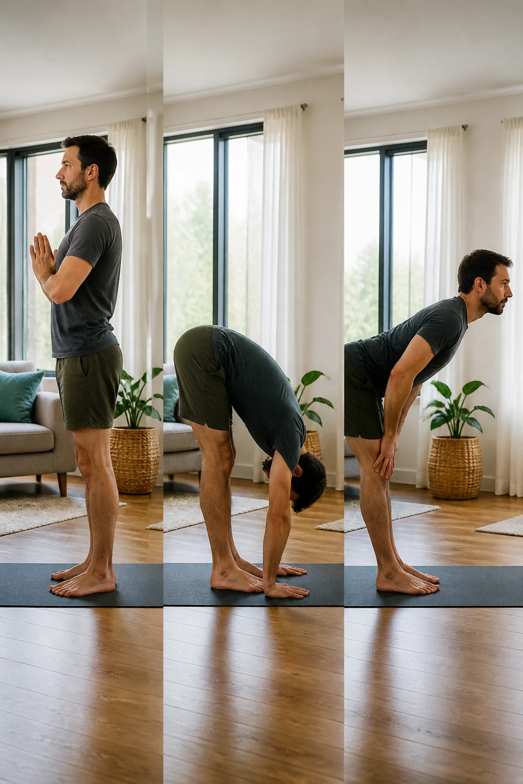 Beginner-friendly slow flow in a living room with a real person.