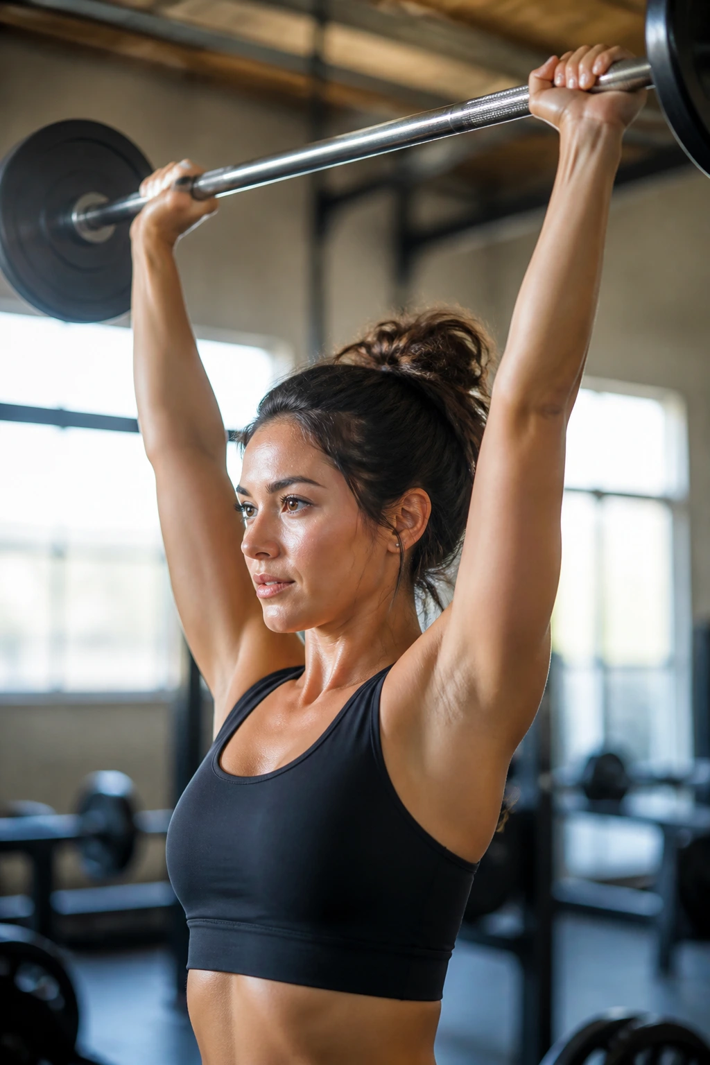 Real woman performing a barbell overhead press in a gym