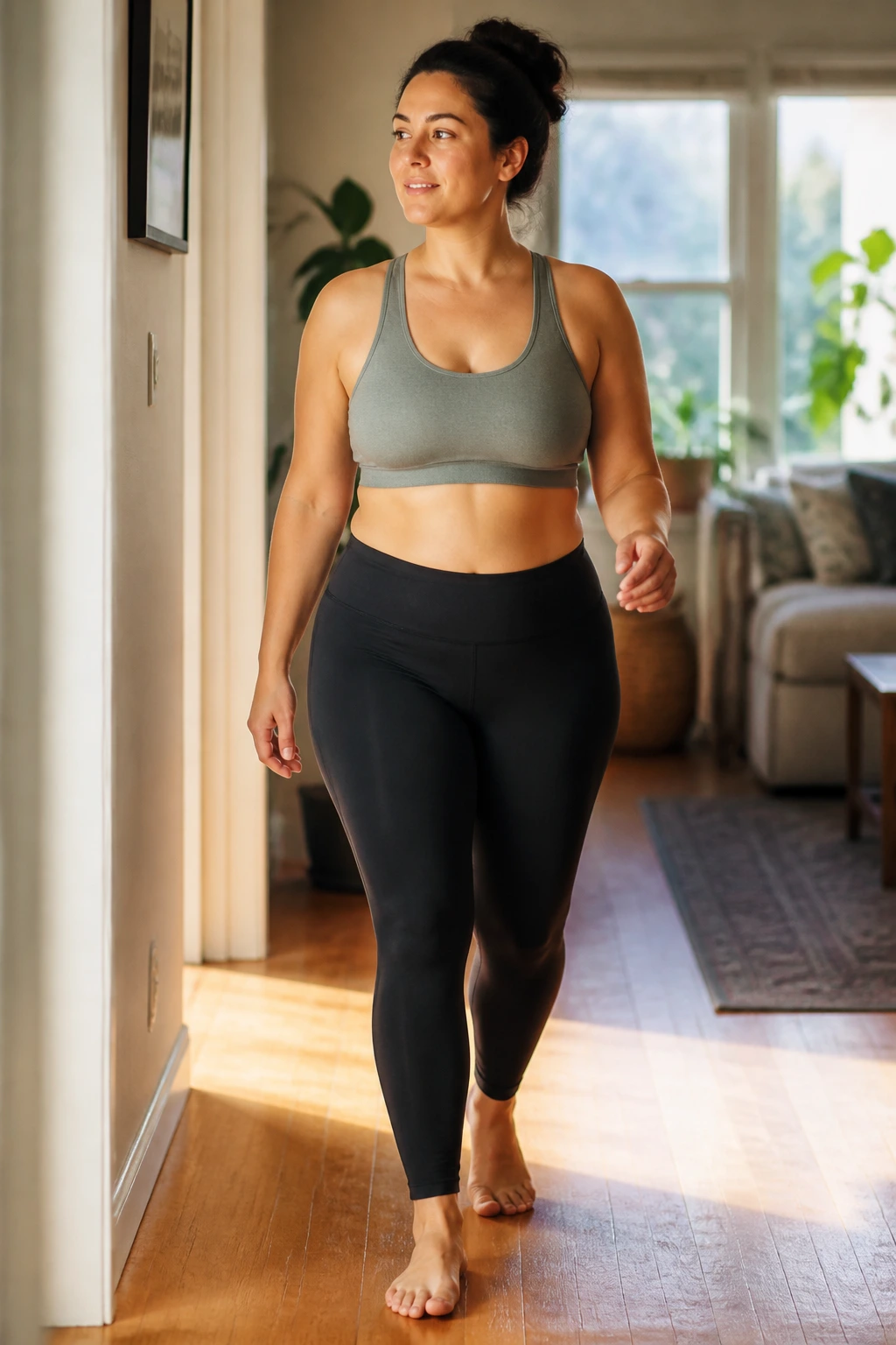 Real woman walking in a sunlit home hallway, beginner-friendly workout