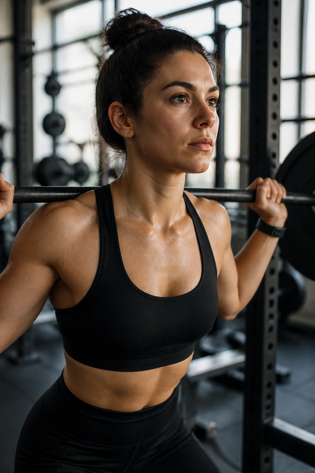 Determined beginner woman continuing training in gym during slow muscle-building phase