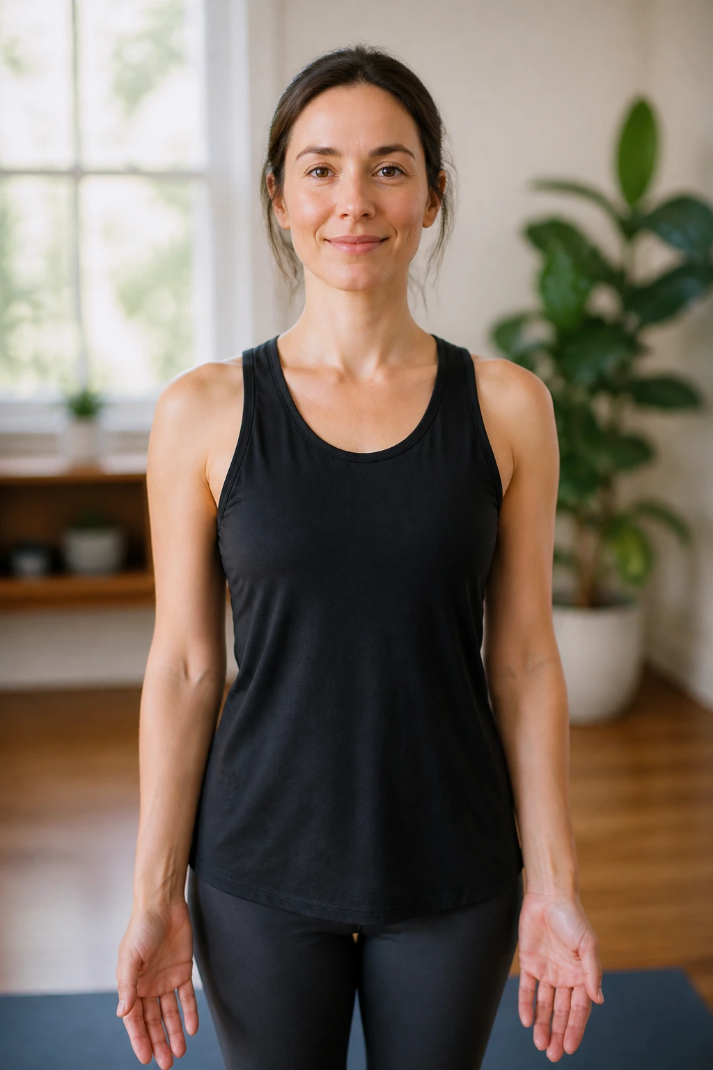 Close-up of a person in Mountain Pose on a mat in a sunlit living room, demonstrating complete beginner yoga.