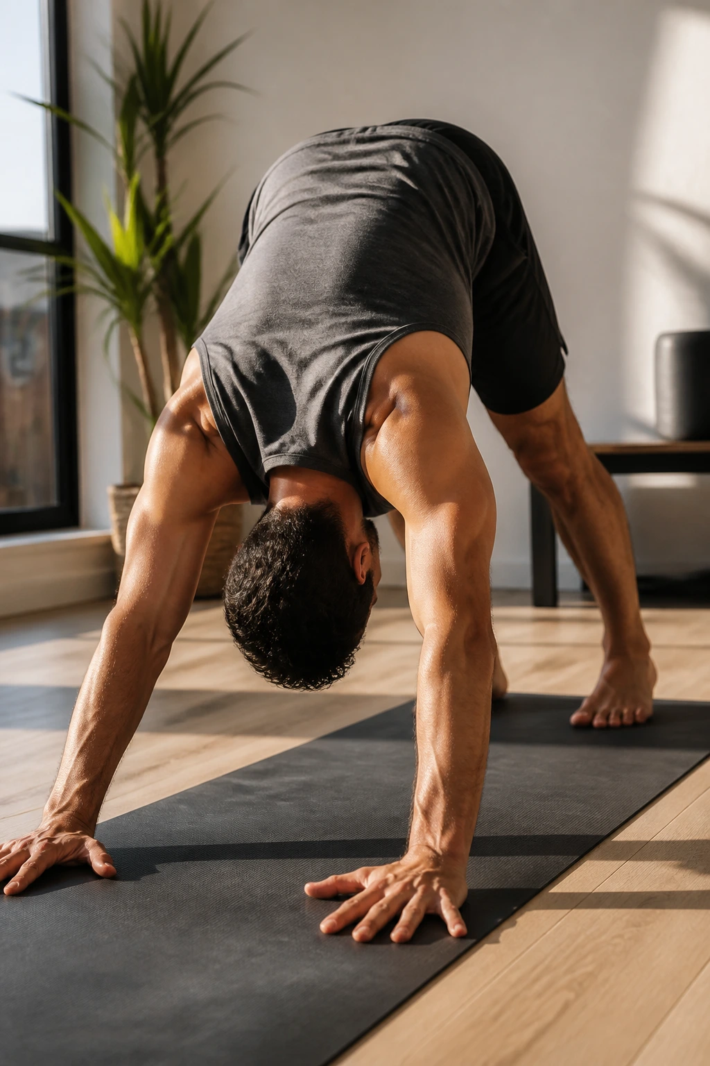 Beginner yoga for men: real man performing basic pose at home.