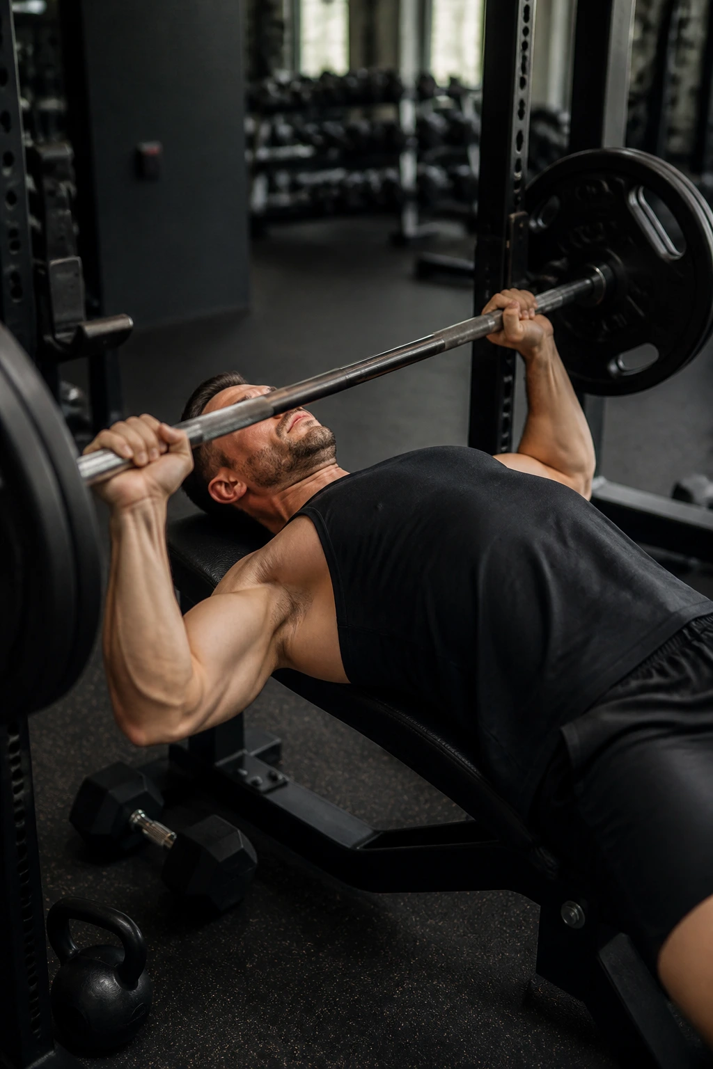 Lifter bench pressing with accessories visible in gym background