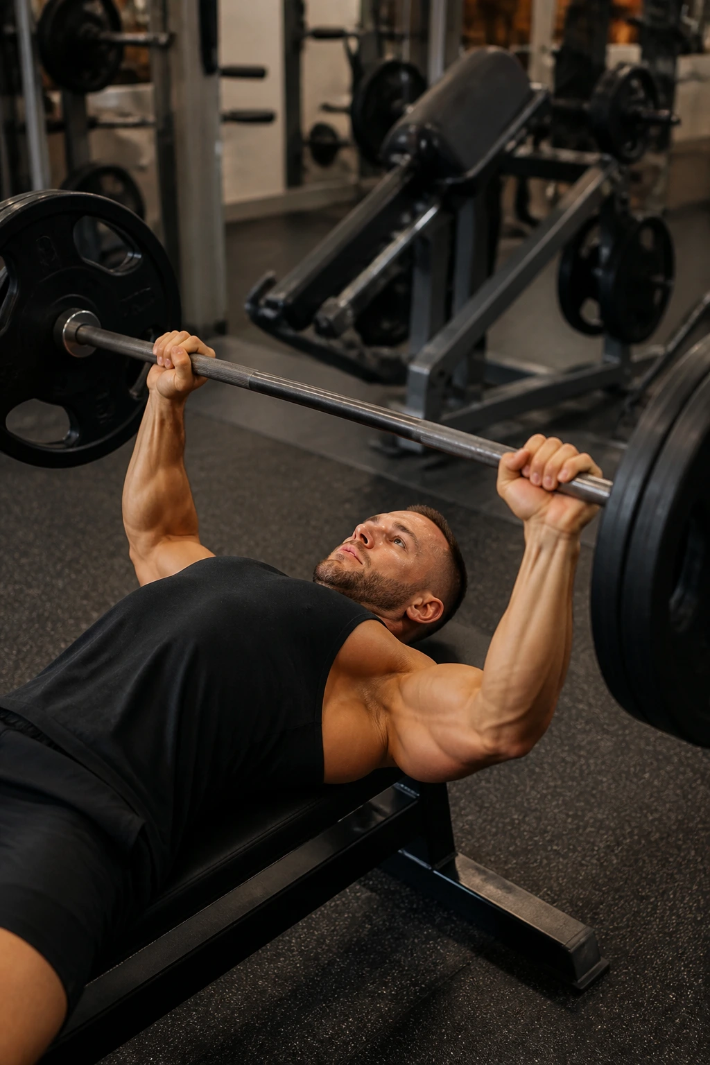 Lifter performing bench press with chest-supported row equipment visible in gym background