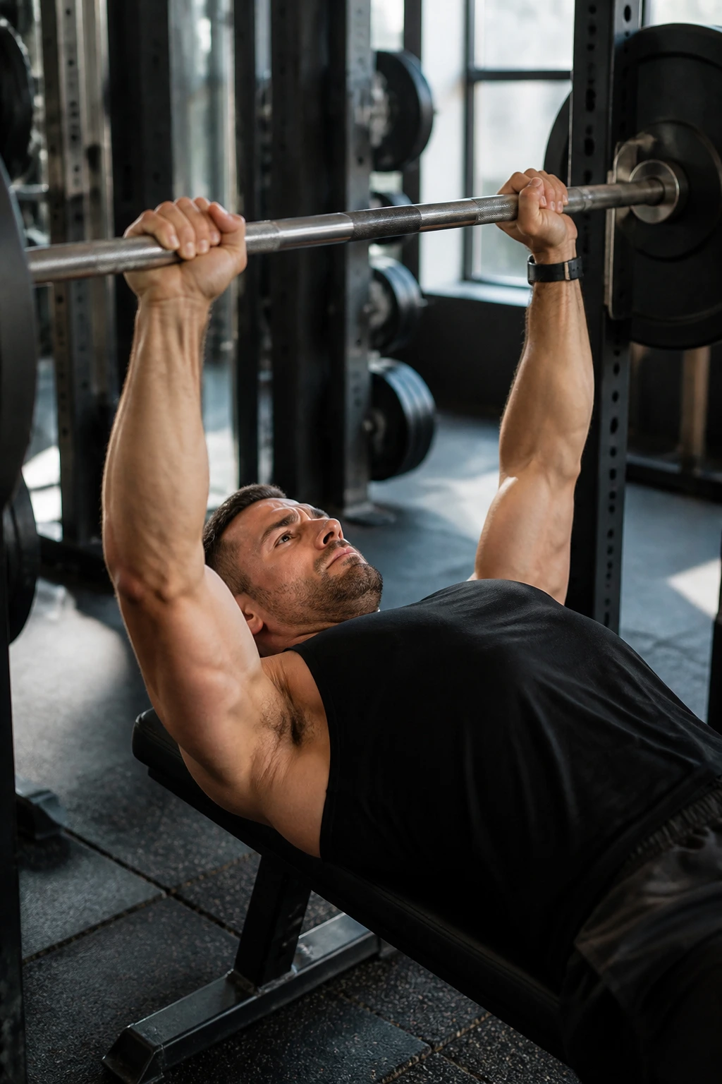 Athlete performing bench press with crisp form in cluster workout style