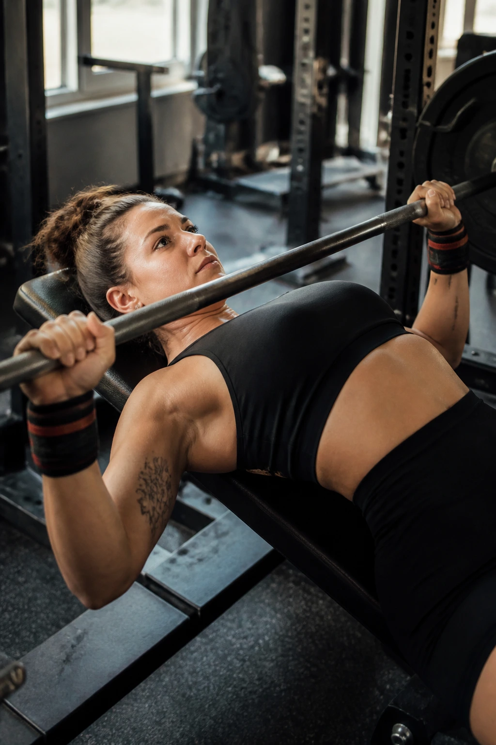 Woman lifter bench pressing with proper setup in a gym