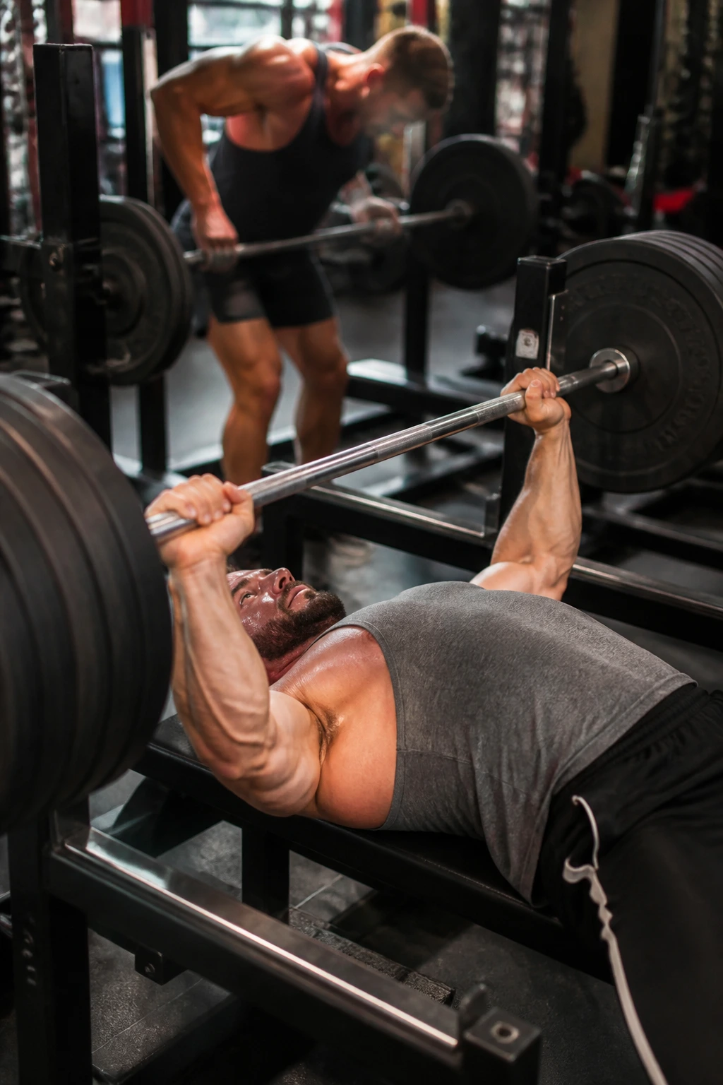 Close-up of a lifter performing a heavy bench press with a barbell, row equipment visible in the background