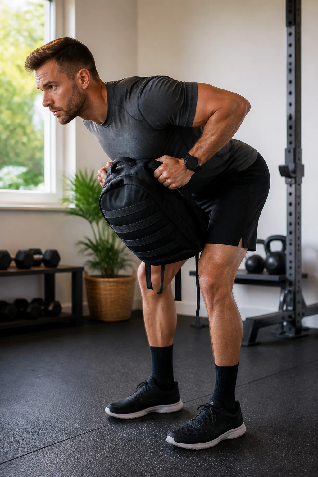 Person performing backpack bent-over row with long spine