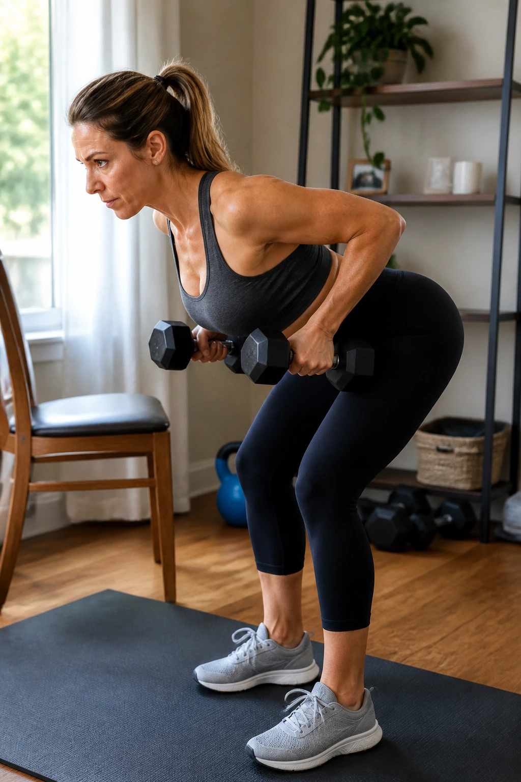 Mid-shot of person performing bent-over dumbbell rows at 45-degree angle