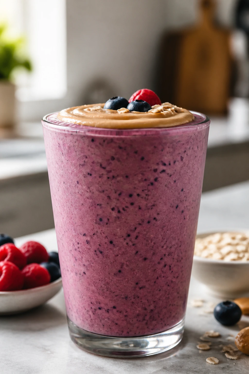 Thick berry smoothie with oats and peanut butter in a tall glass