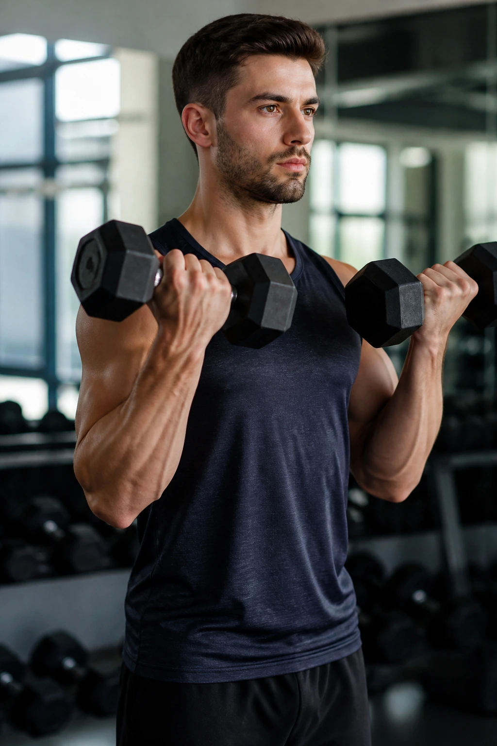 Medium close-up of standing dumbbell biceps curl in gym, elbows tucked.